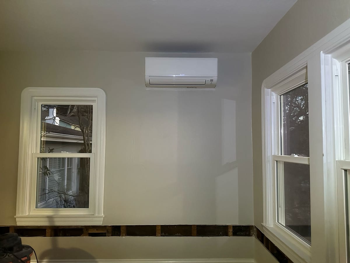 Mitsubishi wall-mounted ductless head installed by Galaxy Heating & Air during a renovation at a Belmont Heights home