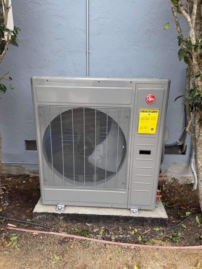 Rheem heat pump outdoor unit installed by Galaxy Heating & Air at a North Berkeley home
