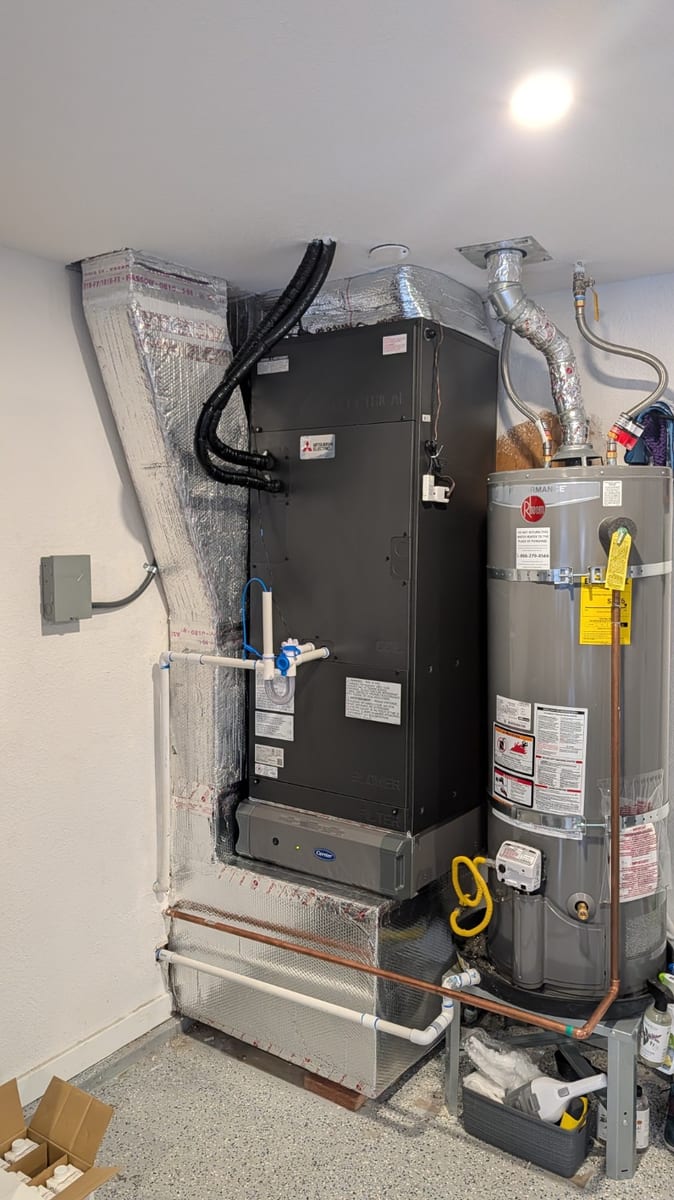Mitsubishi PVA-AA48NL air handler installed by Galaxy Heating & Air in the garage of a Dana Estates Concord home
