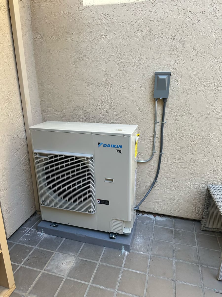 Daikin R32 inverter-driven heat pump outdoor unit installed by Galaxy Heating & Air at an Inspiration Heights Cupertino home