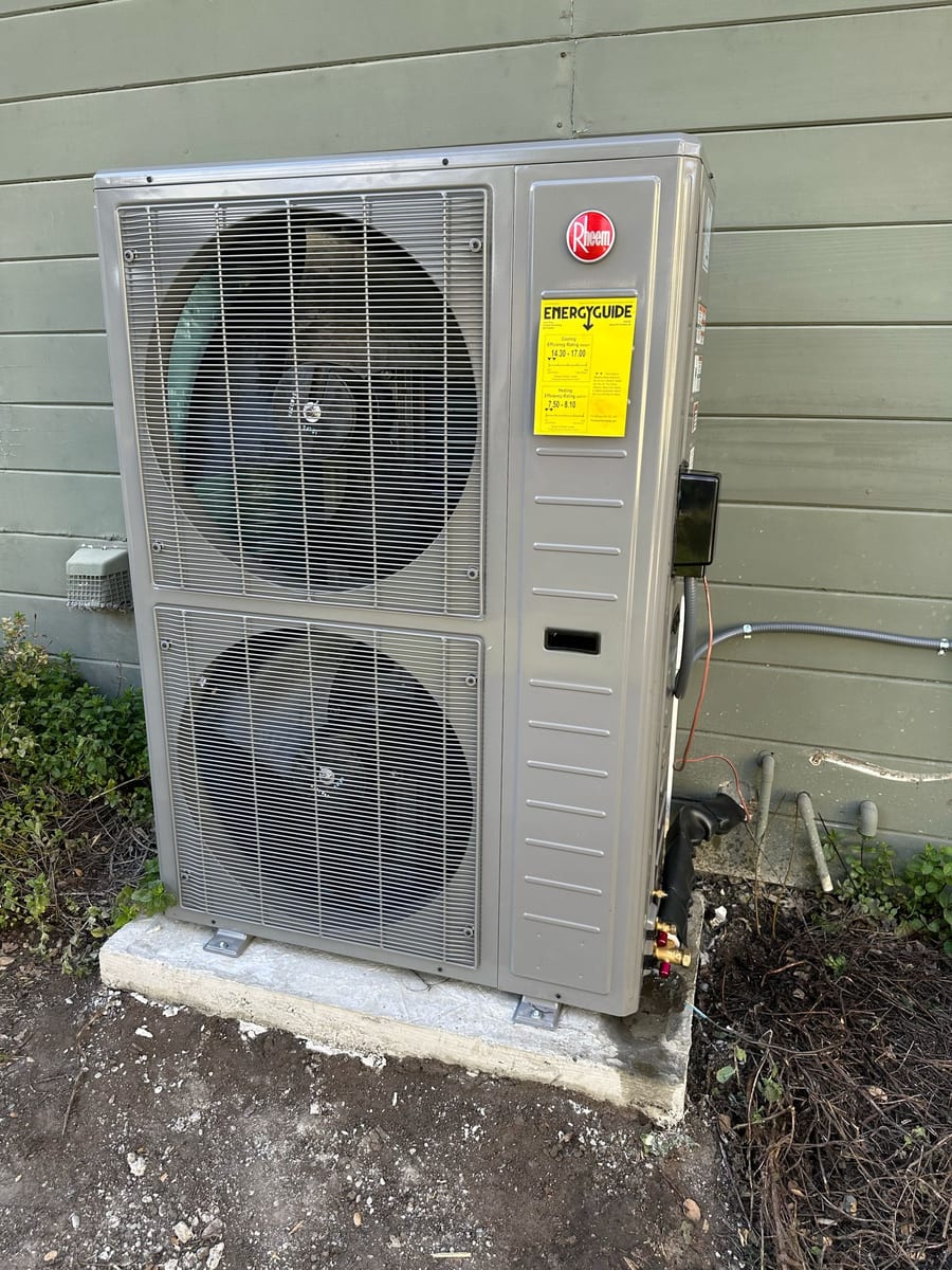Rheem 2-fan inverter heat pump outdoor unit installed by Galaxy Heating & Air at a Marina Lagoon Foster City home