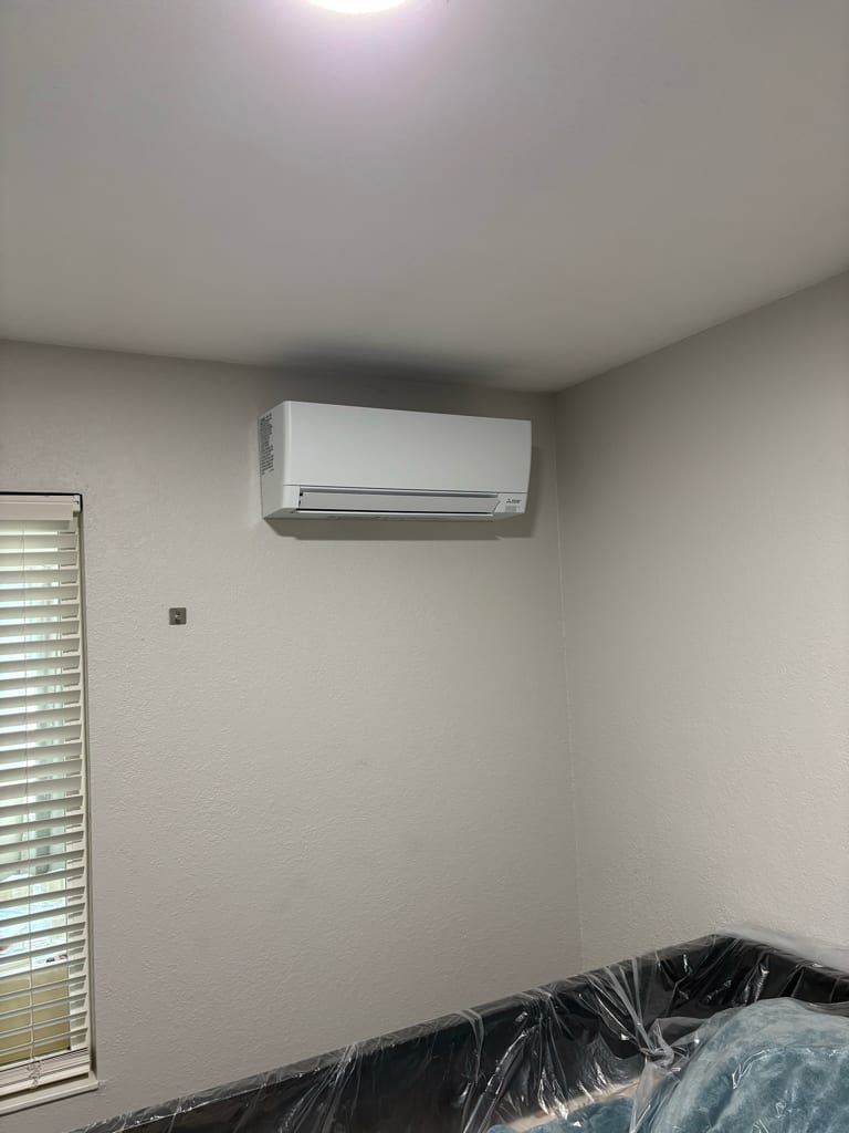 Mitsubishi ductless wall-mounted indoor unit installed by Galaxy Heating & Air at a Mission San Jose Fremont home