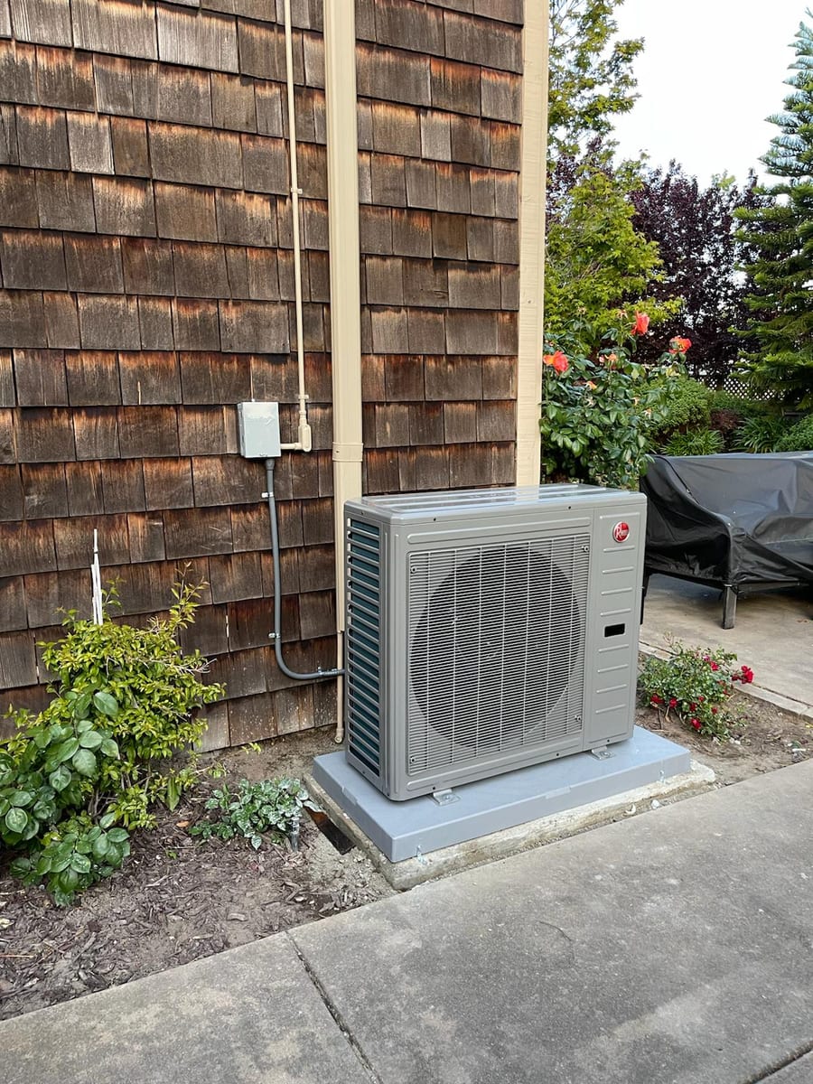 Rheem inverter-driven heat pump outdoor unit installed by Galaxy Heating & Air at a Country Club Los Altos home