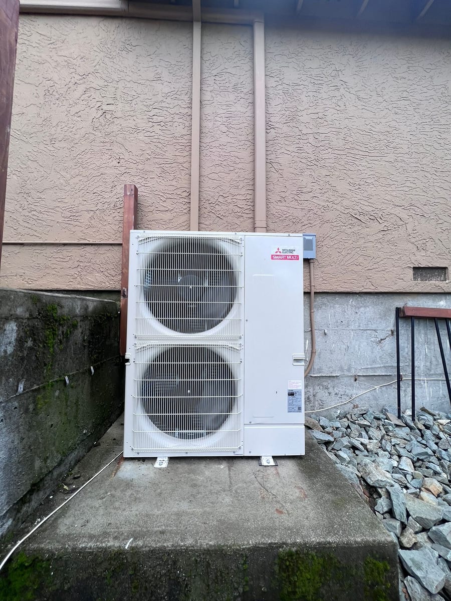 Mitsubishi Smart Multi 2-fan multi-zone heat pump outdoor unit installed by Galaxy Heating & Air at a Vine Hill Martinez home