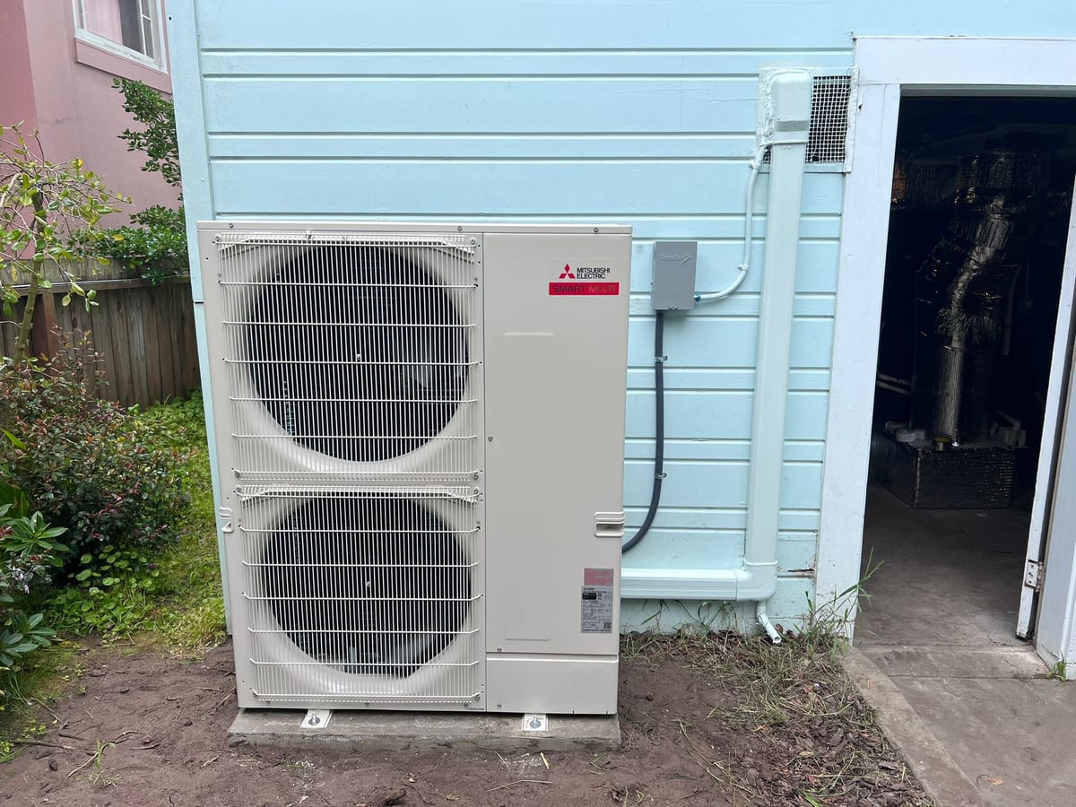 Mitsubishi Smart Multi 2-fan multi-zone heat pump outdoor unit installed by Galaxy Heating & Air at an Old Palo Alto home