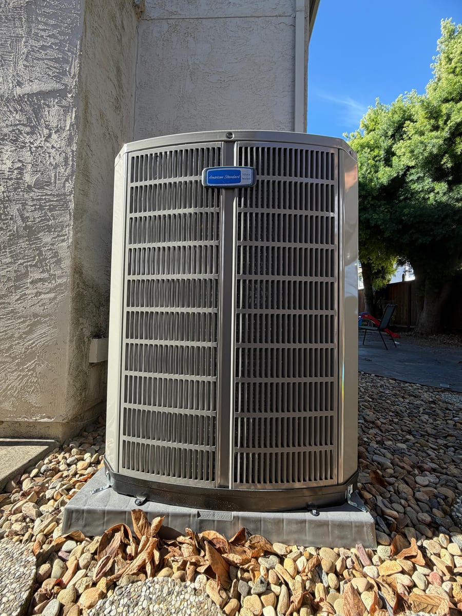 American Standard 20 SEER2 AccuComfort variable-speed heat pump outdoor unit installed by Galaxy Heating & Air at a Pleasant Oaks Pleasant Hill home