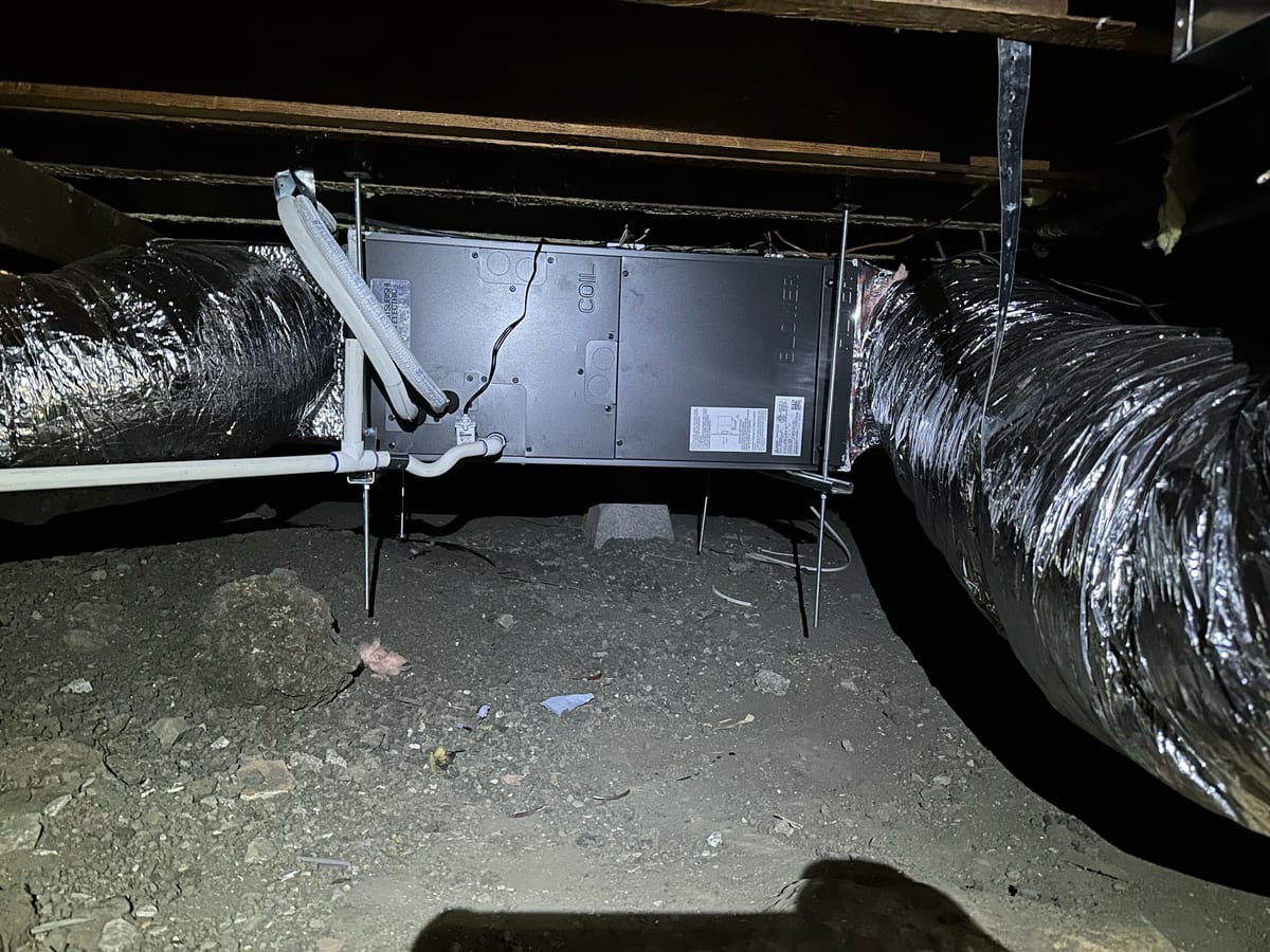 Horizontal-mount evaporator coil and blower unit installed by Galaxy Heating & Air in the crawlspace at an Old Quad Santa Clara home