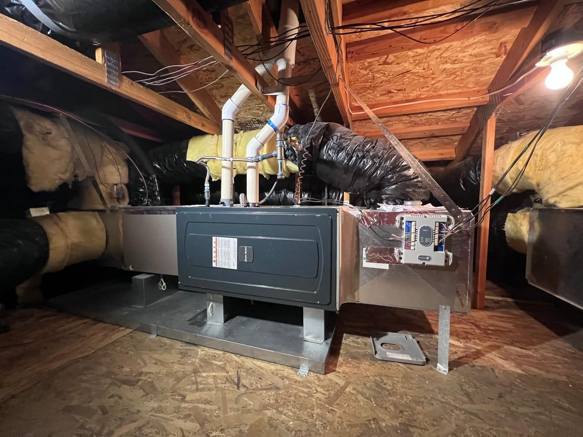High-efficiency gas furnace installed by Galaxy Heating & Air in the attic at a Ponderosa Sunnyvale home